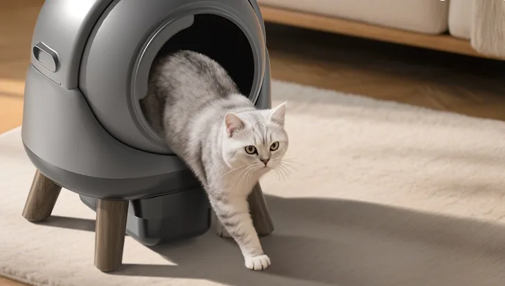 Cat exiting modern enclosed litter box