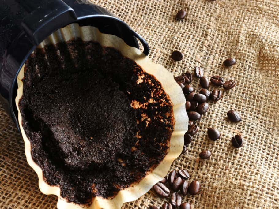 Used coffee grounds and beans on burlap background.