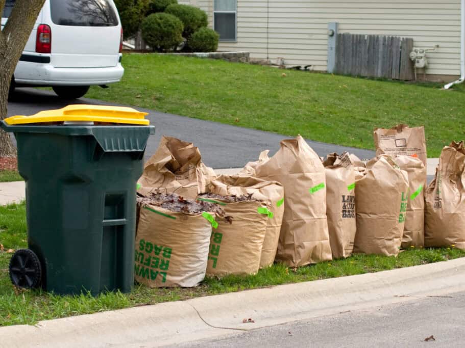Paper yard waste bags and trash bin on curb