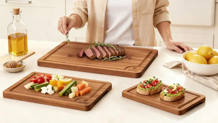 Woman preparing meal on wooden cutting boards.