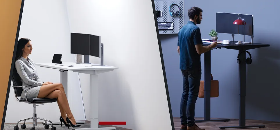 Office desk setup: sitting and standing configurations.