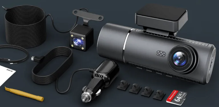 Dashcam and accessories including cables, mounts, and SD card.