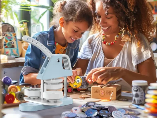 Mother and daughter crafting buttons together.