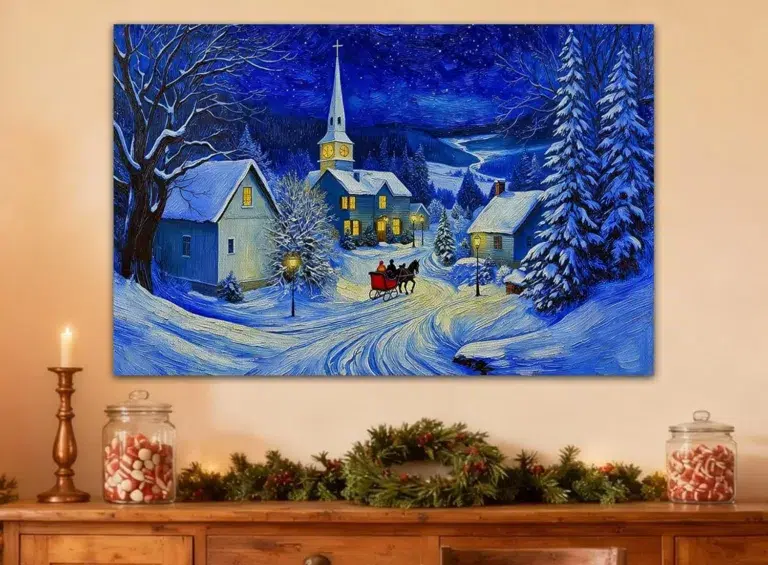 Winter village painting with church and sleigh.