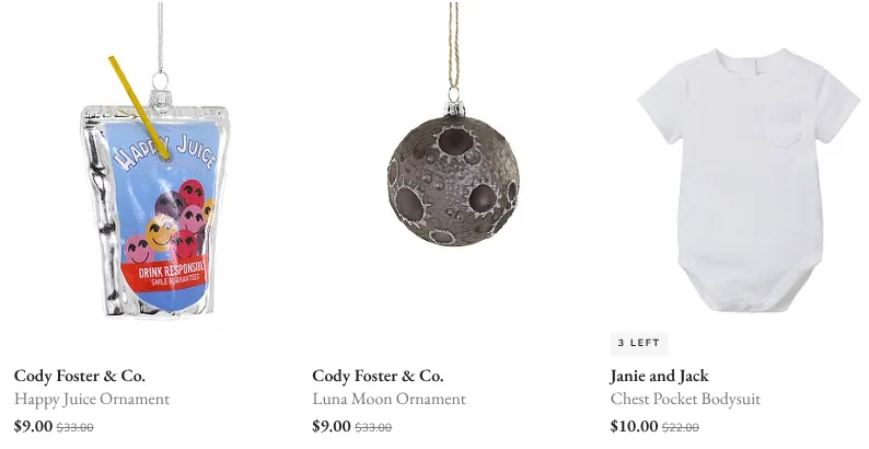 Three ornaments and a baby bodysuit on sale.
