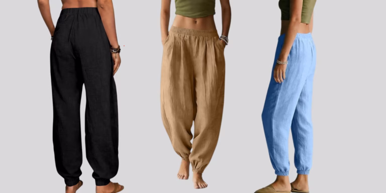 Three women wearing harem pants in black, brown, blue.