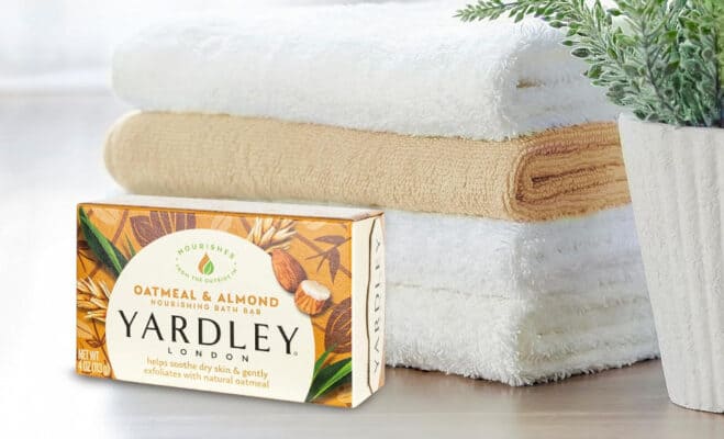 Yardley oatmeal almond soap with towels and plant