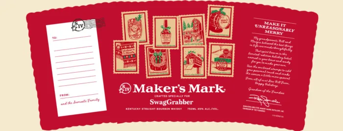 Maker's Mark holiday-themed whiskey promotion card.