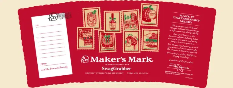 Maker's Mark holiday-themed whiskey promotion card.