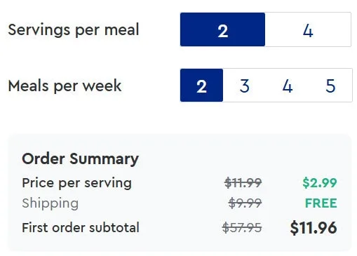 Meal order summary with price and servings details.