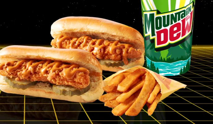 Crispy chicken sandwiches, fries, Mountain Dew drink combo.