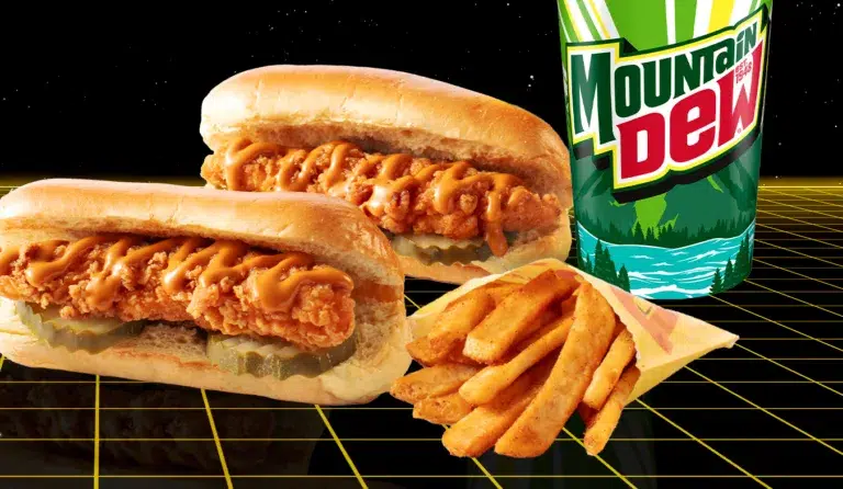 Crispy chicken sandwiches, fries, Mountain Dew drink combo.