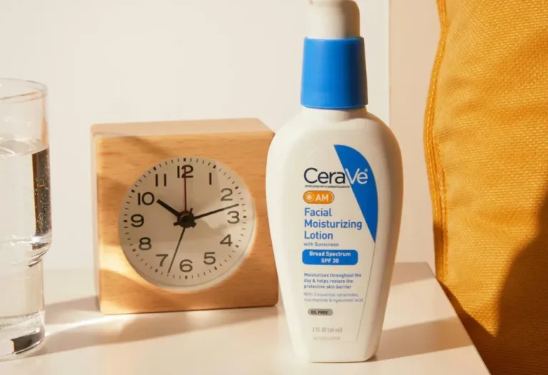 CeraVe AM facial lotion next to clock.