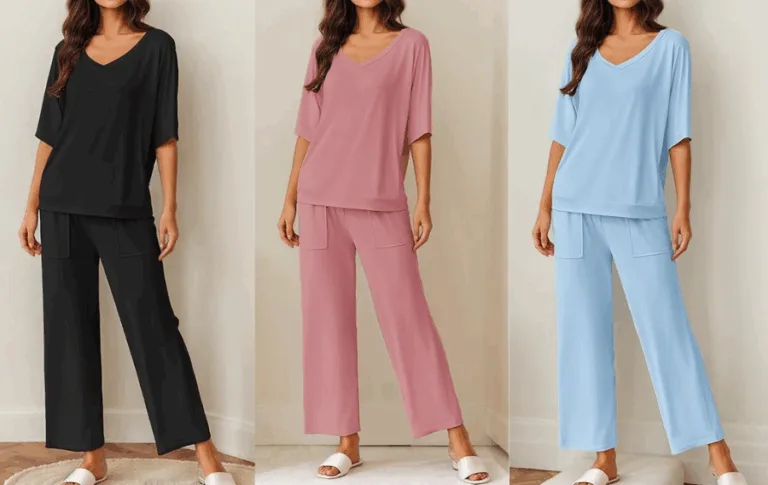Women's lounge sets in black, pink, blue.