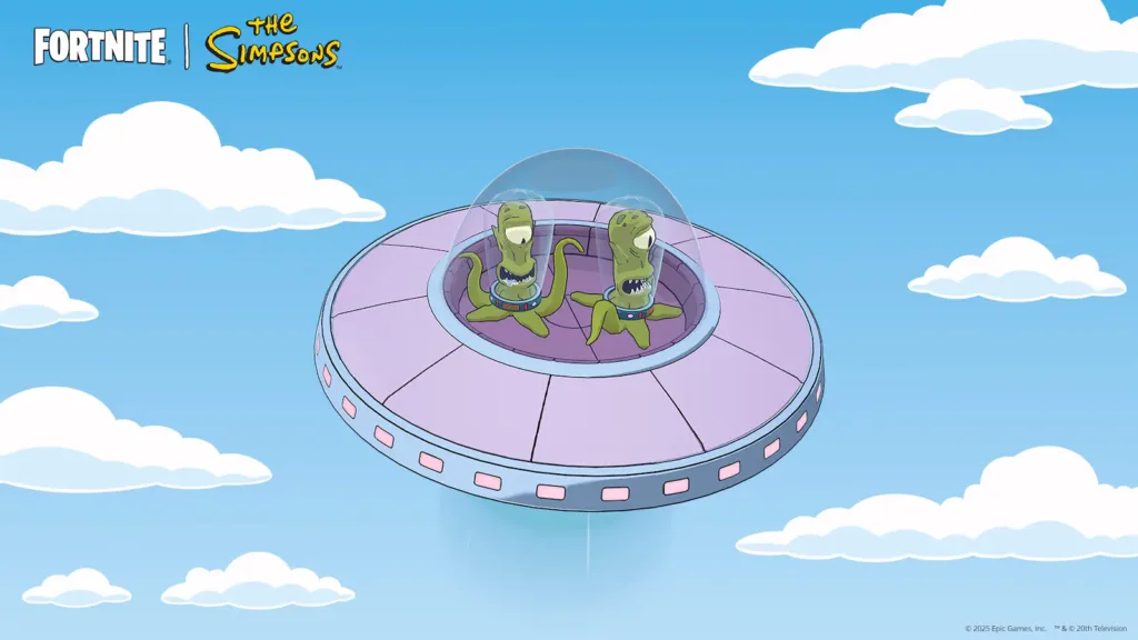 Aliens in UFO from The Simpsons and Fortnite crossover.