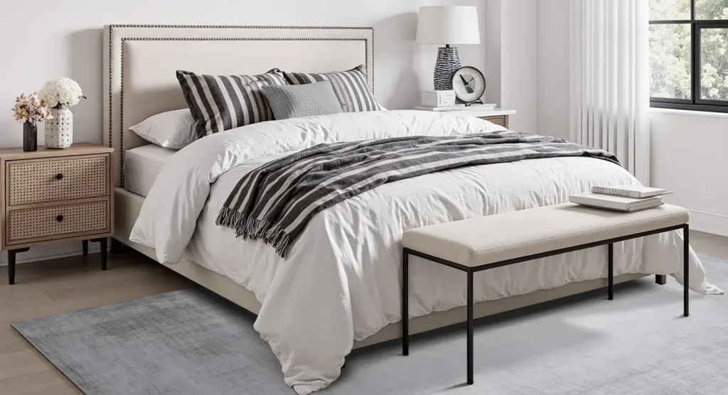 Cozy bedroom with modern decor and natural lighting.