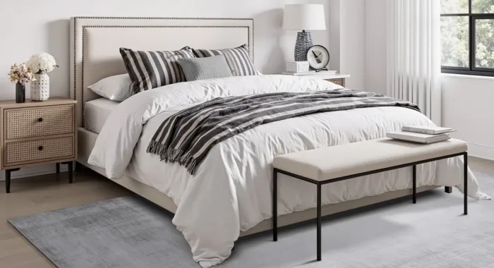 Cozy bedroom with modern decor and natural lighting.