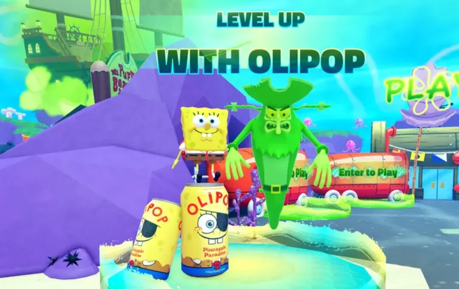 SpongeBob promoting Olipop beverage in colorful scene.
