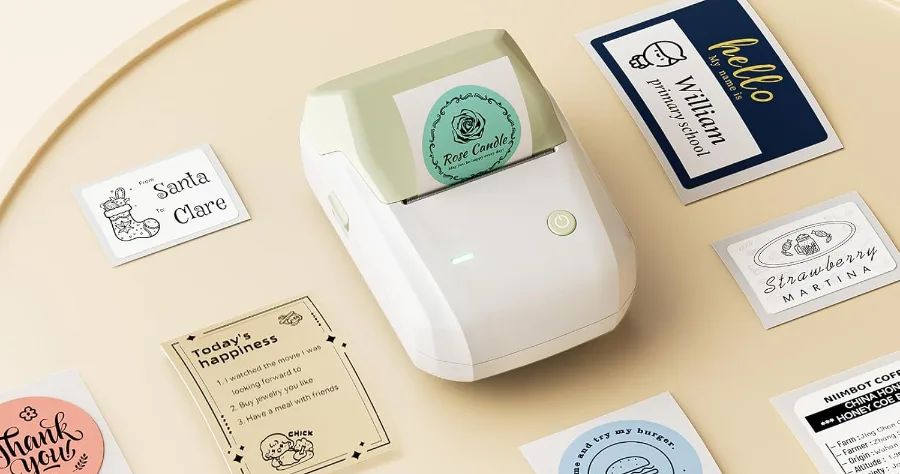 Label printer with various custom printed stickers.