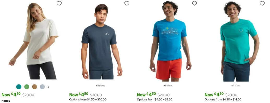 Men's and women's t-shirts on sale, various colors.