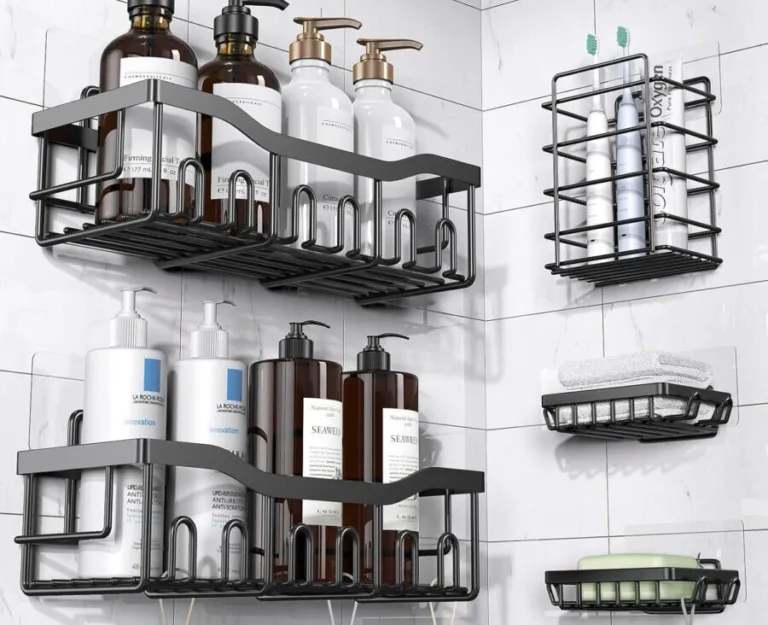 Bathroom shelves with toiletries and storage baskets.