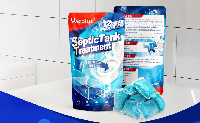 Vacplus septic tank treatment packs on bathroom counter.