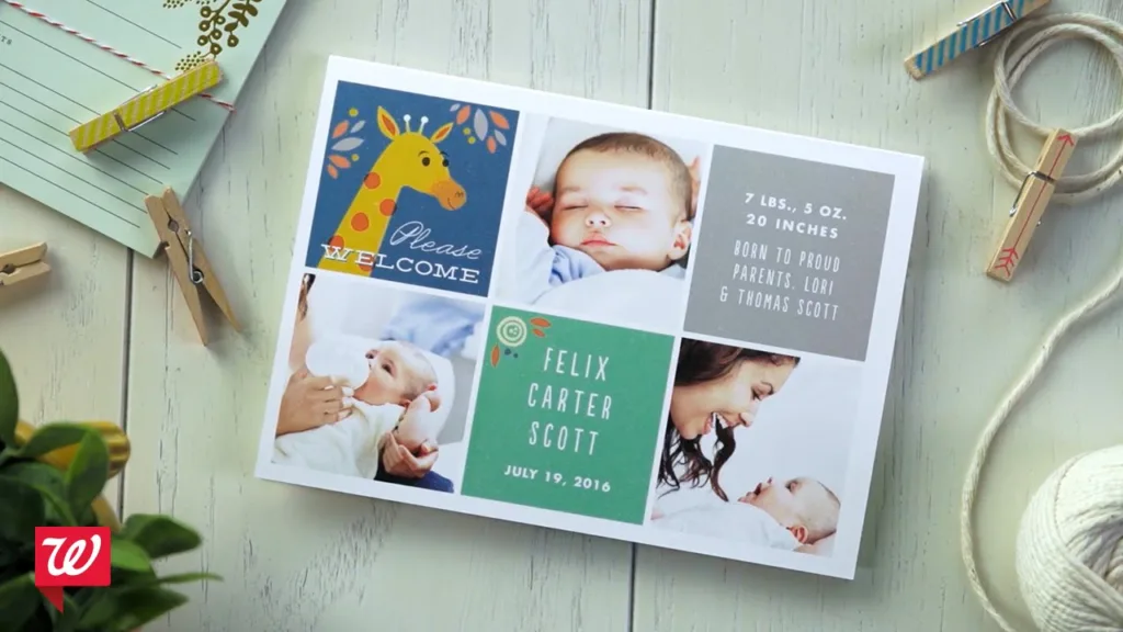 Baby announcement card with photos and details