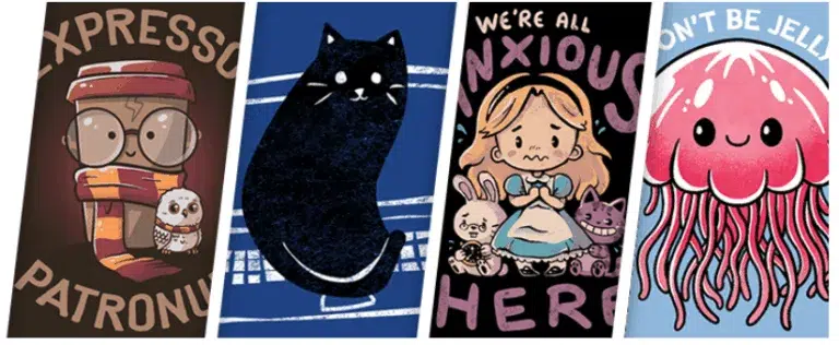 Cute animal and cartoon character illustrations on posters.