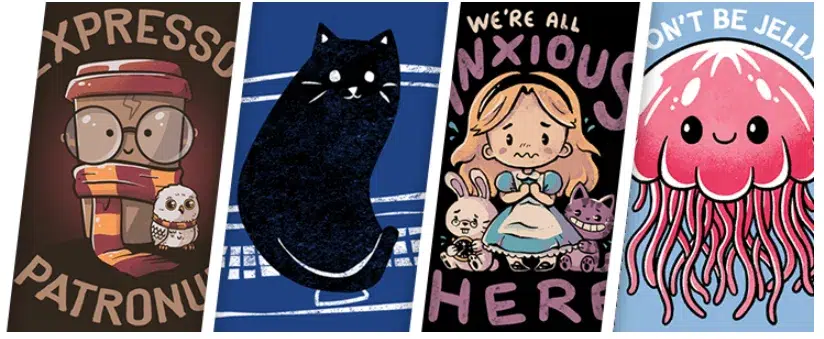 Cute animal and cartoon character illustrations on posters.