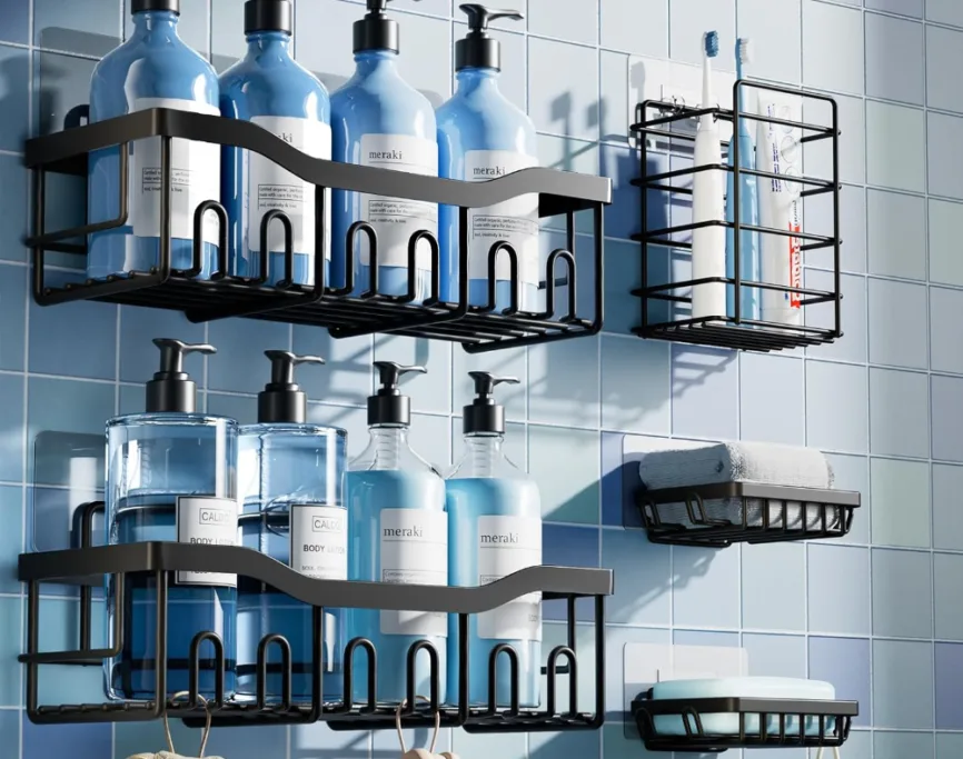 Bathroom shelves with bottles and toiletries.