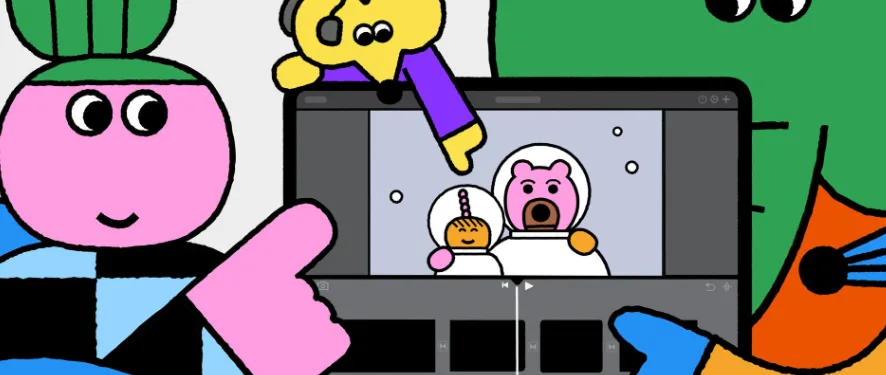 Cartoon characters editing video on tablet screen.