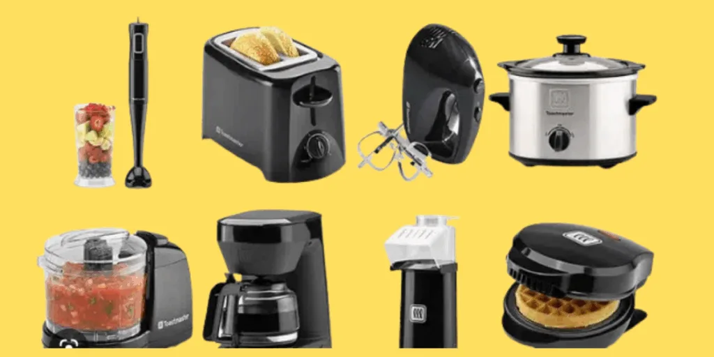 Various small kitchen appliances on yellow background.