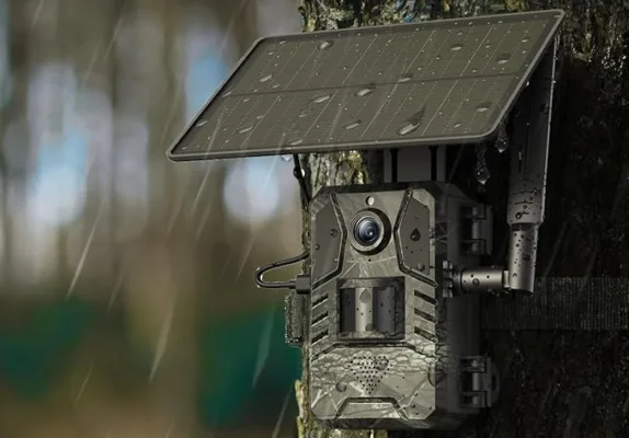 Solar-powered wildlife camera mounted on tree in rain.