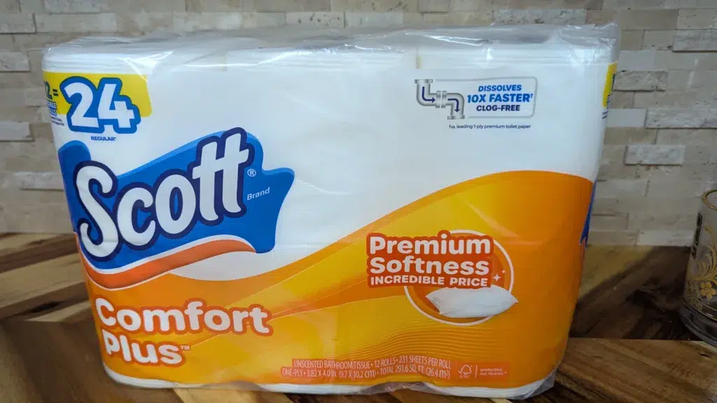 Scott Comfort Plus toilet paper package, 24 rolls.