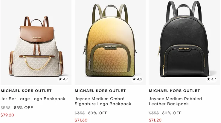 Three discounted Michael Kors backpacks on sale.