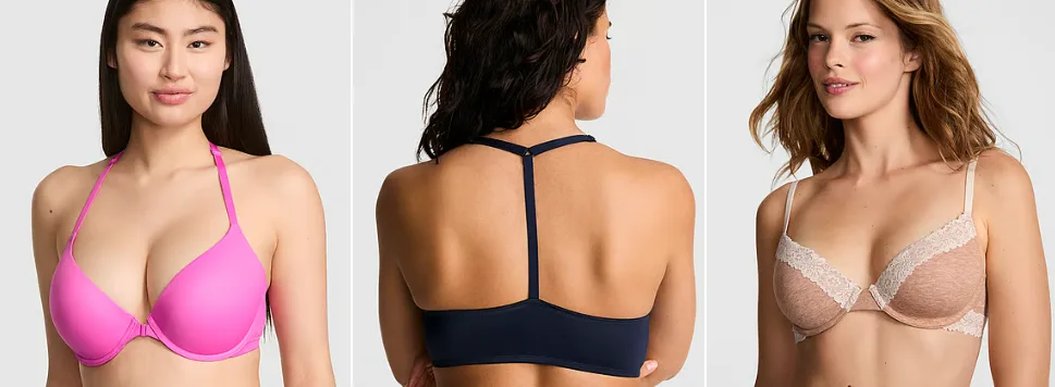 Three women modeling different bra styles.