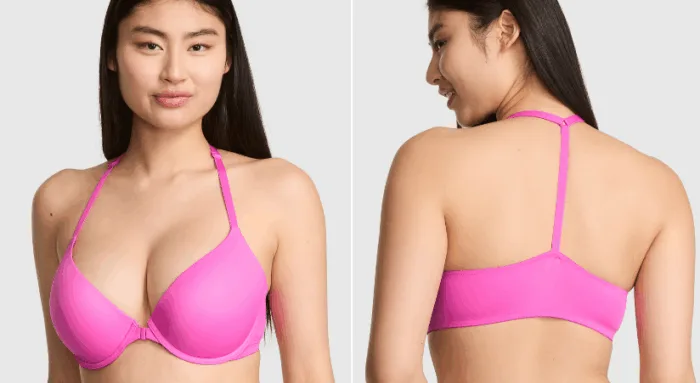 Pink bra front and back view on model.