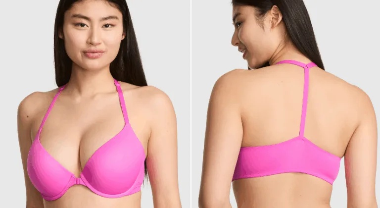 Pink bra front and back view on model.