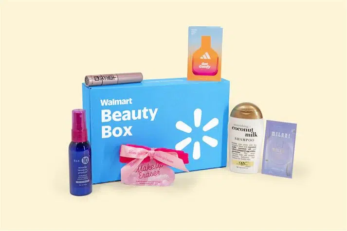 Walmart Beauty Box with assorted beauty products.