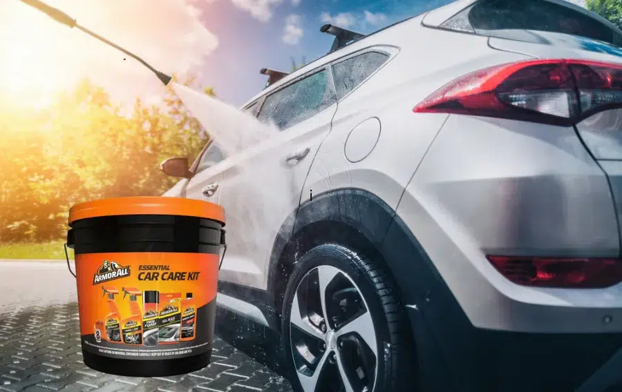 Car being washed with Armor All kit.