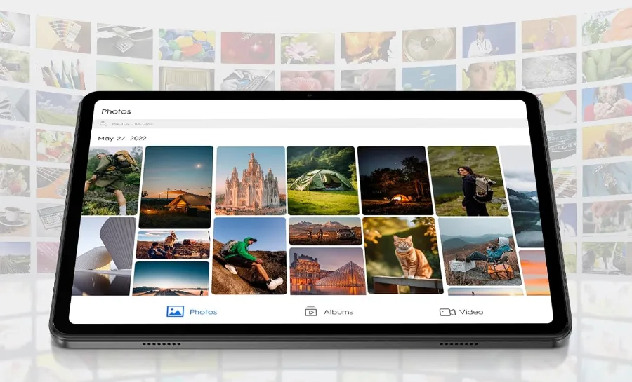 Tablet displaying photo gallery interface
