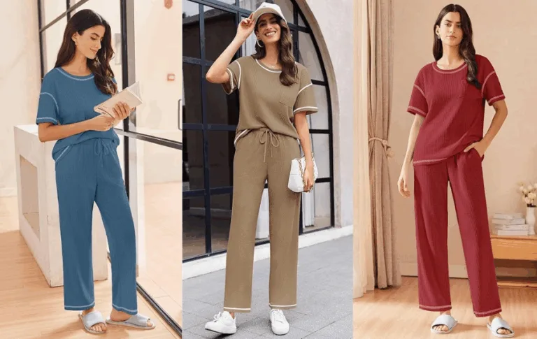 Women modeling casual lounge sets in three colors.