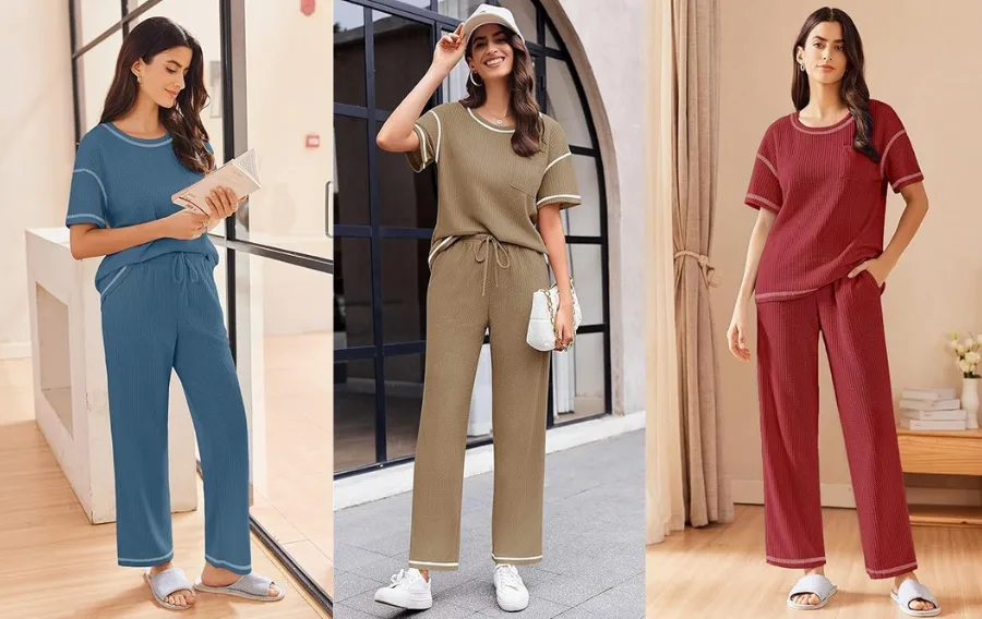 Women modeling casual lounge sets in three colors.