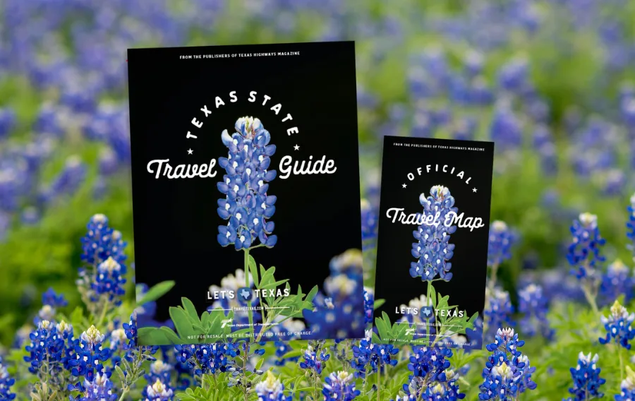 Texas travel guides with bluebonnet flowers