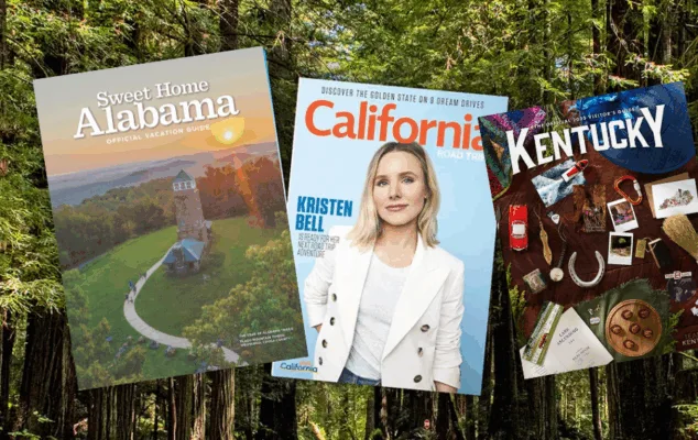 Travel guides for Alabama, California, Kentucky covers.