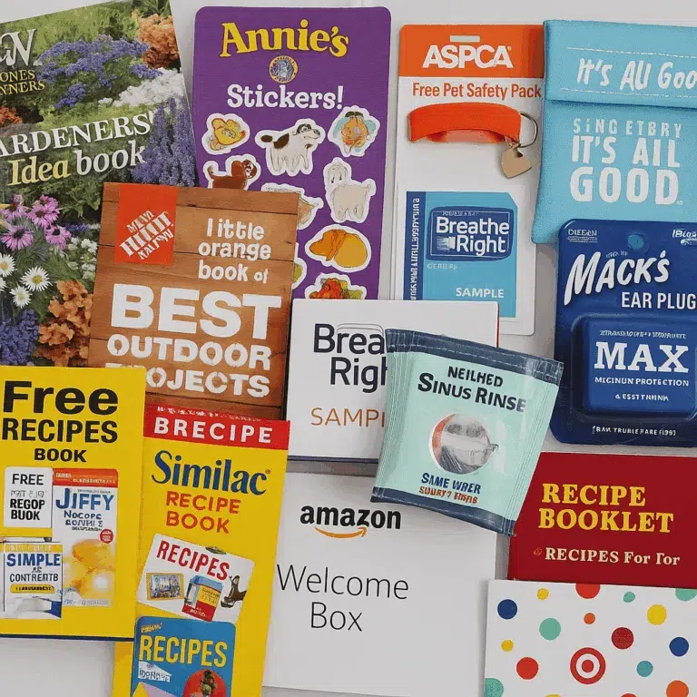 Assorted booklets, samples, and product packaging collection.