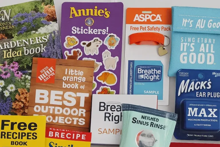 Assorted booklets, samples, and product packaging collection.