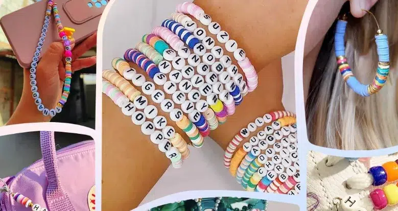 Colorful beaded bracelets and accessories display.