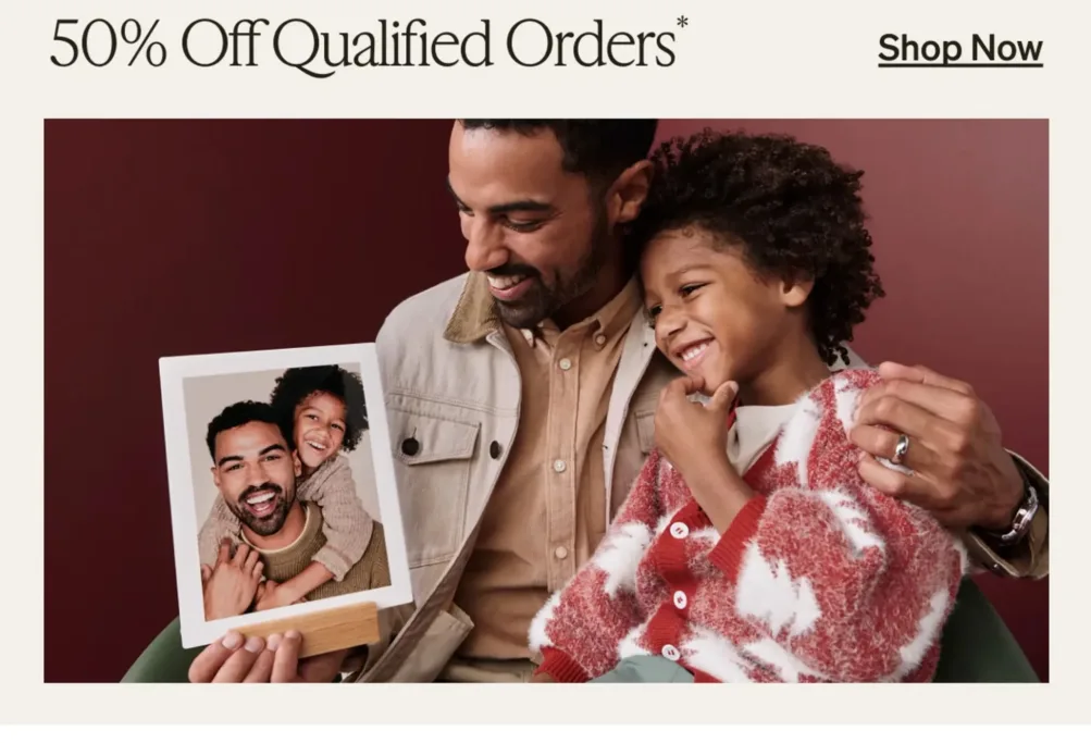 Father and son with photo, 50% off sale.