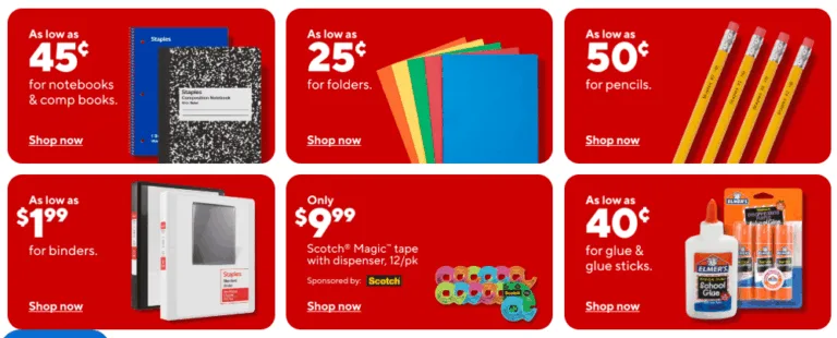 Back-to-school supplies sale: notebooks, pencils, binders, glue.